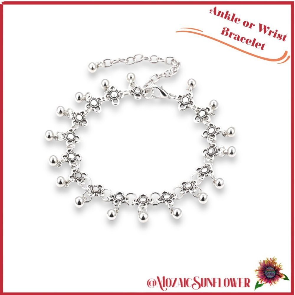 Ankle Wrist Bracelet Carved Silver Metal Waterdrop Tassel Bells Extension NWT
